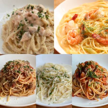 [イタリア食堂Bamboo]パスタ5種セット(海老のアメリケーヌ・ゴルゴンゾーラのクリーム・サーモンの明太子クリーム・ボロネーゼ他)各1袋